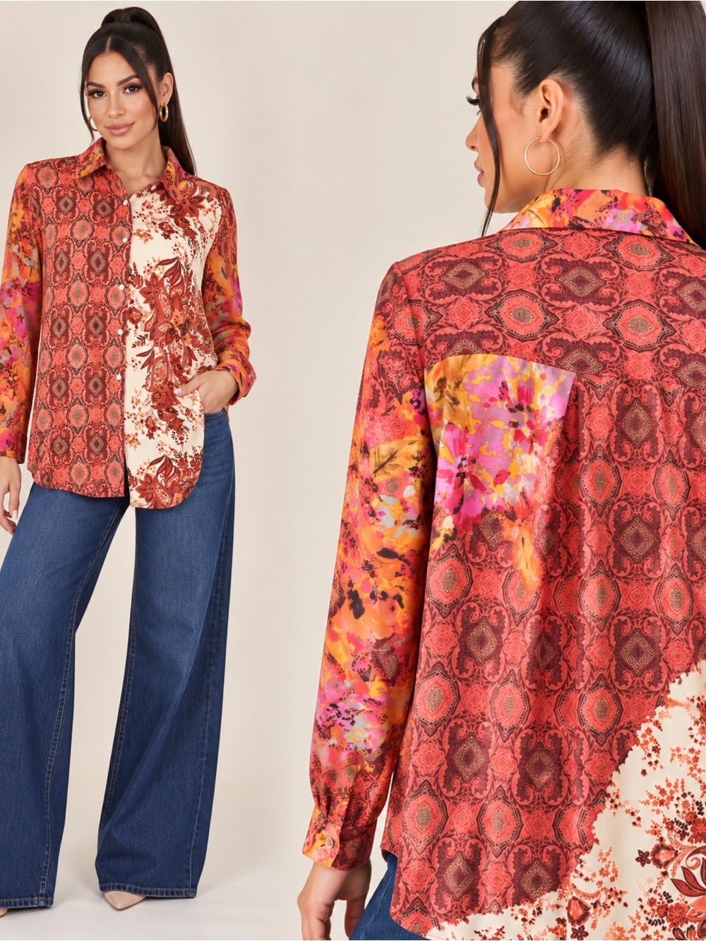 Rose & Olive Red Multi Mixed-Print Button Down Shirt